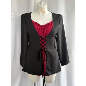 Bloomchic Gothic Lace Up Top Women's Size 14/16 Black Red Ren Faire Whimsygoth